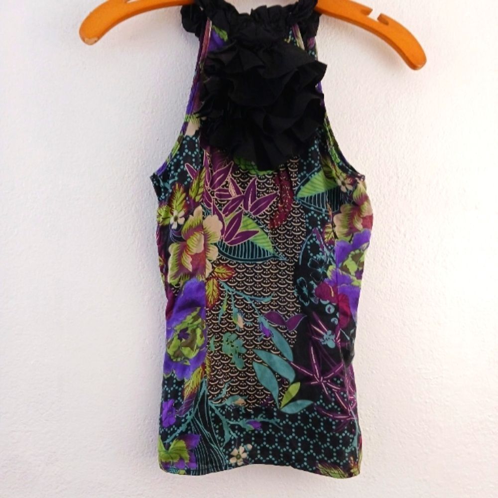 Jaloux halther neck bow infront printed silk  blouse size XS